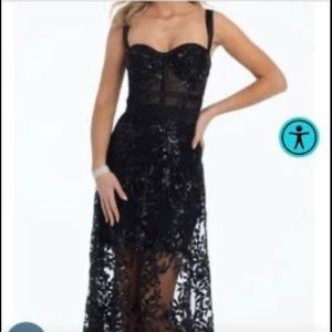 Black Satin Sequin Embroidered A Line Prom Dress